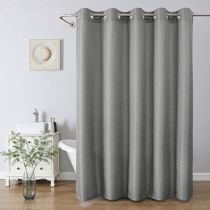 No Hook Waffle Shower Curtain, No Liner Needed, 71x86 Inch, Charcoal Grey | 100% waterproof TPU-laminated backing, magnetic weighted hem, machine washable, shower curtain set for bathroom or hotel use