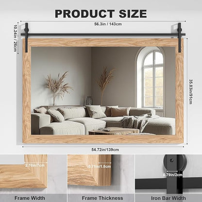 Hasipu Farmhouse Bathroom Mirror, 55"x36" Rustic Wood Framed Wall Mounted Mirror, Brown Vintage Vanity Mirror Barn Door Style Decrative Mirrors