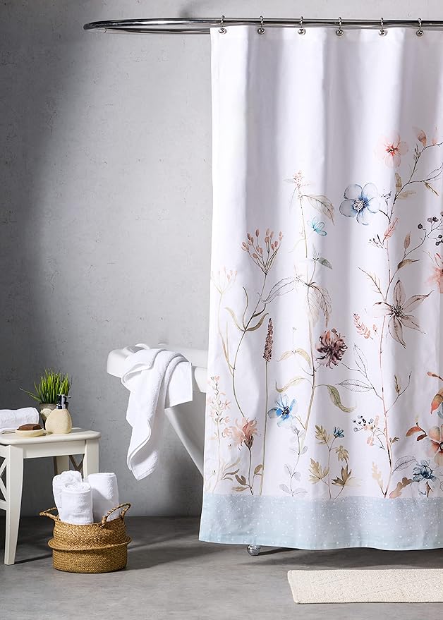 Maison d' Hermine Shower Curtain 100% Cotton One Panel 70"x72" Washable Fabric Shower Curtains for Bathroom, Easy Hanging with 12 Button Holes - Home Hotel Spa Easter Gifts (Ice Florals)