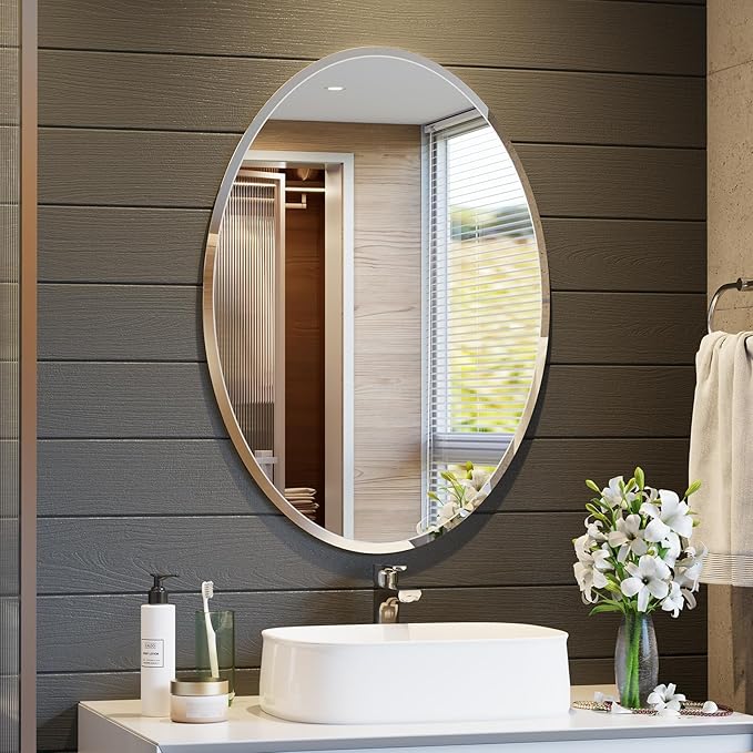 Frameless Oval Mirror, 20x28 Inch Beveled Bathroom Mirrors for Over Sink, Tempered Glass Oval Mirrors for Vanity, Living Room, Bedroom, Entryway