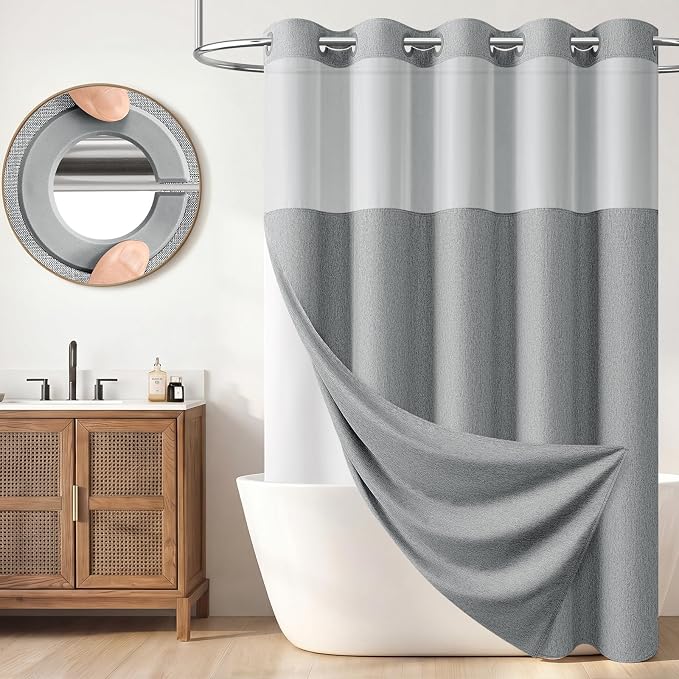 Grey Ringless Linen Textured Shower Curtain with Snap in Liner, 72x75 | 3 in 1 Hotel Shower Curtain Set, Removable Liner, Waterproof & Washable, Mesh Top Window, Durable Fabric, Easy to Install
