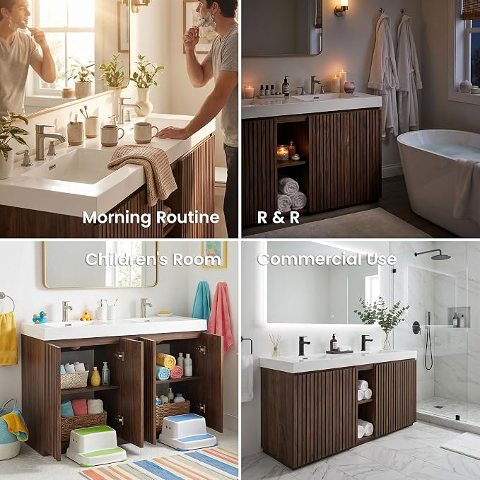 60" Double Bathroom Vanity with Sink (8" Widespread Faucet Holes Predrilled), Mid Century Modern Bathroom Cabinet with 4 Doors & Shelves, White Integrated Sink with Overflow, Walnut