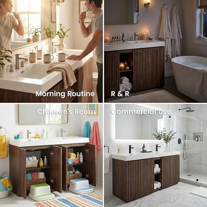 60" Double Bathroom Vanity with Sink (8" Widespread Faucet Holes Predrilled), Mid Century Modern Bathroom Cabinet with 4 Doors & Shelves, White Integrated Sink with Overflow, Walnut