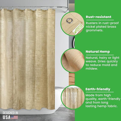 Bean Products Natural Hemp Bathtub Shower Curtain Liner - 70x74 | Non Toxic, Eco Friendly, Mildew Resistant Cloth Shower Cutain Liner - Washable, Quick Dry, Breathable, Odor Free, No Plastic