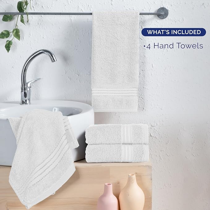 Elegant Comfort Premium Turkish Cotton 4 Pack Hand Towel Set - 16 x 28 inch, Luxurious Hotel Spa Quality 100% Turkish Cotton 4PC Hand Towel Set - Highly Absorbent - Soft Bathroom Towels, White