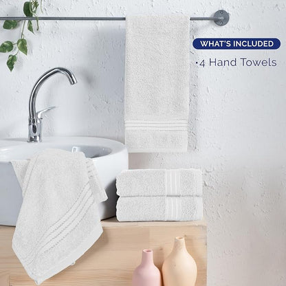 Elegant Comfort Premium Turkish Cotton 4 Pack Hand Towel Set - 16 x 28 inch, Luxurious Hotel Spa Quality 100% Turkish Cotton 4PC Hand Towel Set - Highly Absorbent - Soft Bathroom Towels, White