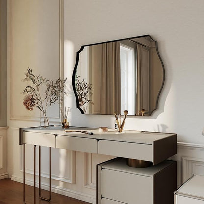 Black Vanity Wall Mirror 30"x22", Scalloped Edge Bathroom Mirror | Rust-Proof Metal Frame, Hangs Vertically/Horizontally, Decorative Bathroom Mirror, For Vanity, Bedroom & Entryway