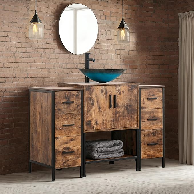 UEV 48" Antique Bathroom Vanity, Dark Brown Bathroom Vanity Set with Sink and 3 Drawers Side Cabinet Combo, Iron Wood Bathroom Cabinet with Adjustable Water Temperature Faucet (A10)