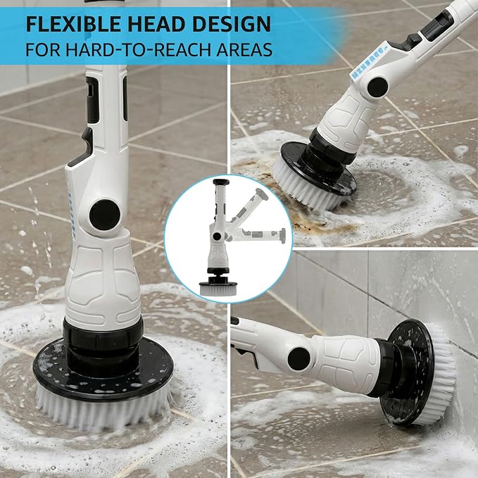 Electric Spin Scrubber, 3 Speeds 8 Heads Bathroom Cleaning Brush | 6-Angle Adjustable Head, 54" Extendable Handle, IPX6 Waterproof, Cordless, Shower Cleaner Brush for Tub Grout Tile Floor Car