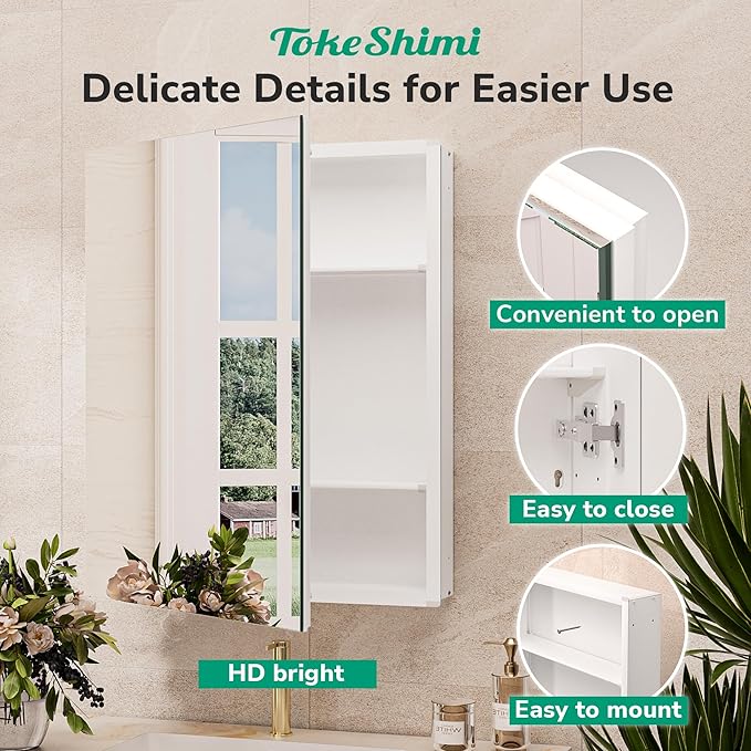TokeShimi 20x32 Bathroom Mirror with Storage Tempered, Aluminum White Recessed Medicine Cabinet with Mirror Frameless Stepless Adjustable Shelf, Surface Mount Medicine Cabinet for Bathroom
