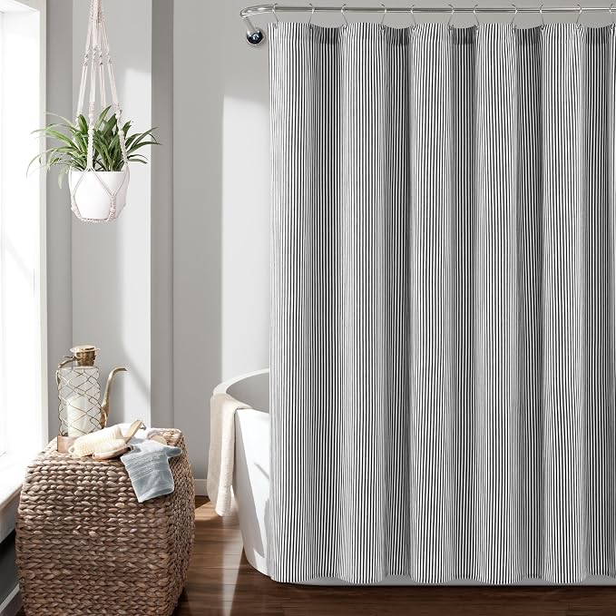 Lush Decor Farmhouse Vintage Stripe Yarn Dyed Cotton Blend Shower Curtain Single 72" W x 72" L Navy - Striped Shower Curtains for Bathroom