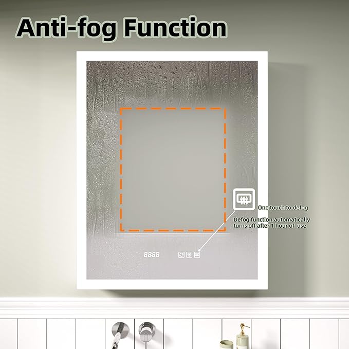 Edge LED Medicine Cabinet Mirror, 24x30 Inch Bathroom Storage, Recessed/Wall Mount, Plug-in/Hardwired, 3 Color Dimmable Light, Anti-Fog, Time Temp Display, Left Hinge