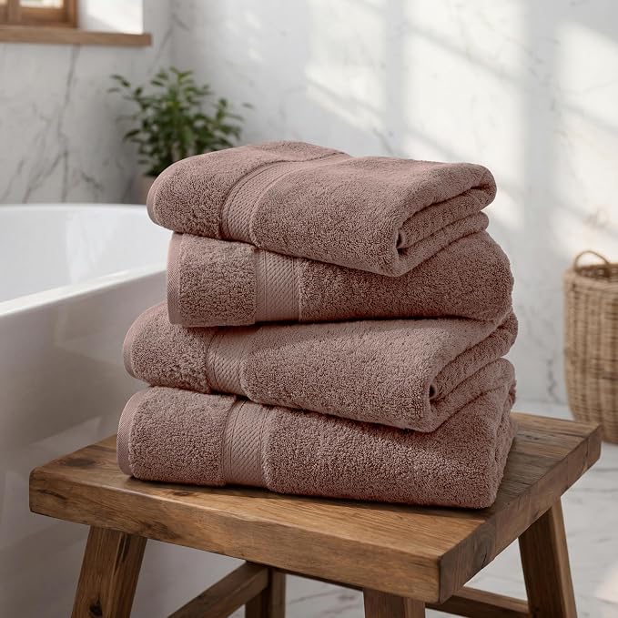 Superior Egyptian Cotton Plush Absorbent, Bath Towel Set of 4, Muted Mauve | Quick Dry, Soft Luxury Towel Set, Bath Essentials for Bathroom, Guest Bath, Spa, 4 Piece Bath, Madeline Towels
