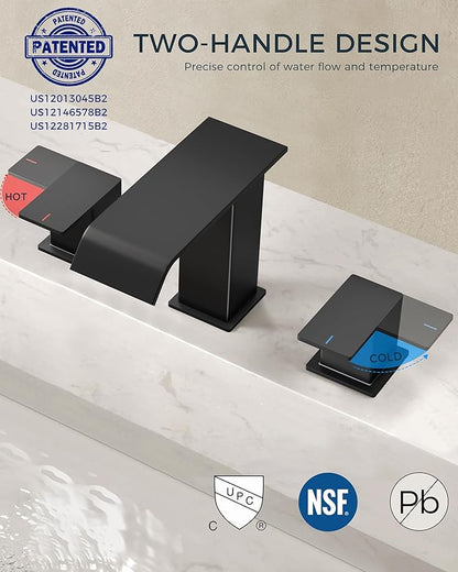 FORIOUS Bathroom Faucets 3 Hole,Matte Black 8 Inch Widespread Bathroom Sink Faucet Waterfall Spout, with Pop Up Drain and Water Supply, Suitable for Vanity Rv Commercial Lavatory Restroom