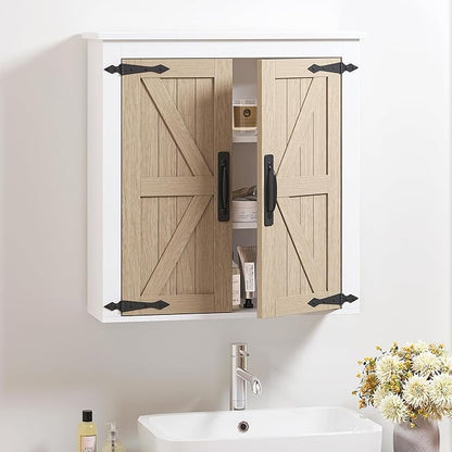 Spirich Bathroom Wall Cabinet Over Toilet, Farmhouse Wall Mounted Medicine Cabinet Organizer with Wood Grain Barn Doors and Adjustable Shelves