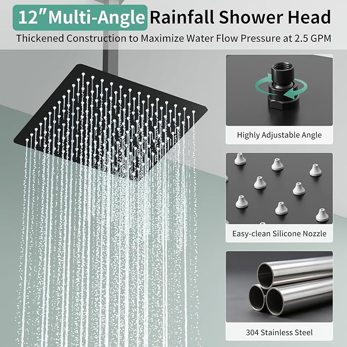Shower Faucet Set Shower System - SR SUN RISE Matte Black Shower Trim Kit with Dual Shower Head, 12'' Ceiling Rainfall 6'' Wall Mount with Handheld Shower for Couples, Complete 6 Diverter Valve