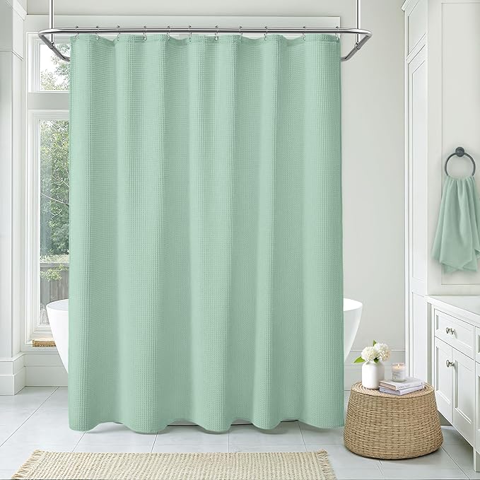Waffle Weave Shower Curtain - Mint Green Cotton Fabric Texture Heavyweight Shower Curtains for Bathroom,Washable,72Wx72L