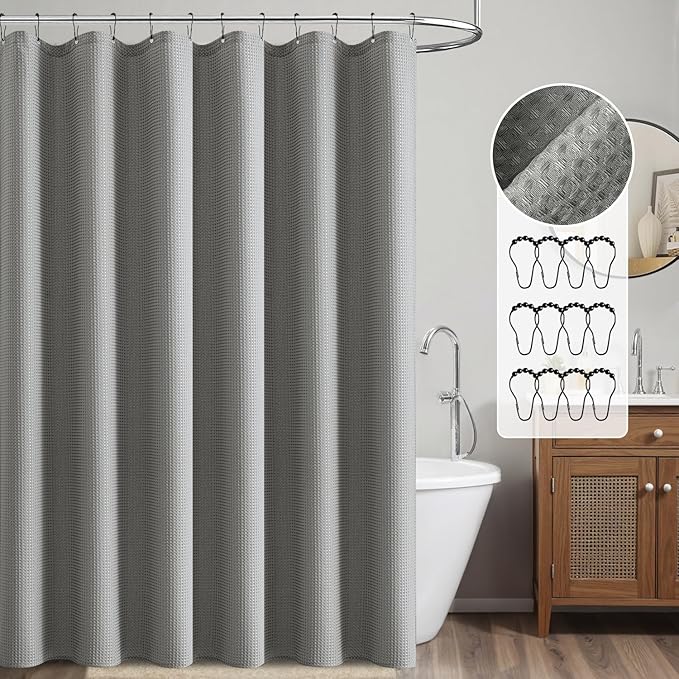 MIULEE Waffle Weave Fabric Shower Bath Curtain with 12 Metal Hooks 260GSM Heavy Duty Washable Waterproof Narrow Thick Cloth Shower Curtains Set for Bathroom Hotel, W72*L72, Light Grey