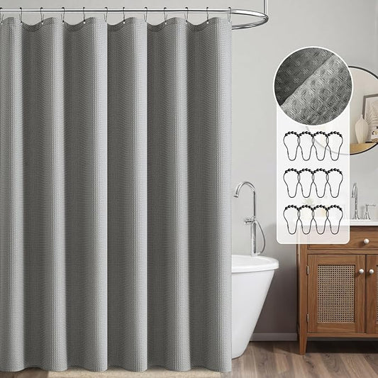 MIULEE Waffle Weave Fabric Shower Bath Curtain with 12 Metal Hooks 260GSM Heavy Duty Washable Waterproof Narrow Thick Cloth Shower Curtains Set for Bathroom Hotel, W72*L72, Light Grey