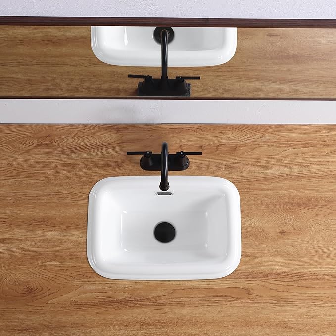 Bathroom Vessel Sink 18 Inch Small Drop In Bathroom Sink Rectangular Semi Recessed Sinks with Overflow White Ceramic Small Vanity Sinks for Tiny Bathrooms