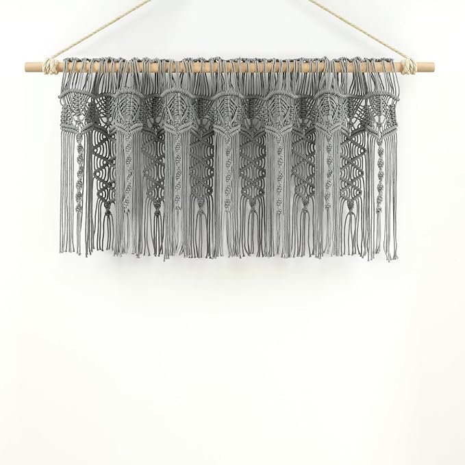 Lush Decor Boho Macrame Textured Cotton Valance, 50" W x 20" L, Gray - Boho Kitchen Curtains & Wall Decor - Macrame Valance - Bathroom Window Curtains