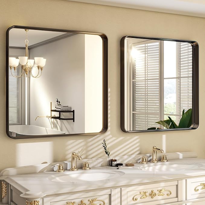 30"x 30" Black Bathroom Mirror - Aluminum Framed Wall Mirror, Bathroom Wall Mounted Vanity Mirror, Modern Bathroom Mirror, Bedroom, Living Room Wall Mirror, Hang Horizontally or Vertically