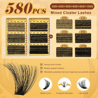 QUEWEL 580PCS Eyelash Clusters 30D+40D+50D+60D+80D+100D Wispy Lash Clusters | 10-18mm Cluster Lashes Individual Lashes Clusters Reusable for Natural DIY Cluster Eyelash Extensions for Beginners