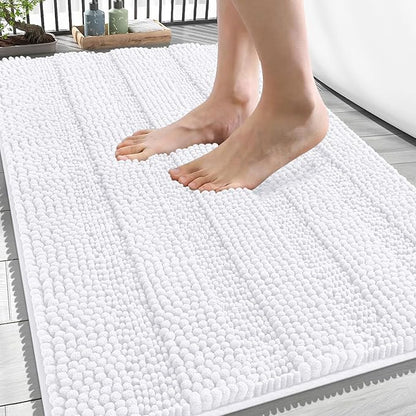 OLANLY Thick Bathroom Rugs 34x21, Soft Chenille Striped Bath Rugs, White | Rubber Backing, Machine Wash, Extra Absorbent Bath Mats for Bathroom Floor, Tub and Shower, Home Decor Accessories