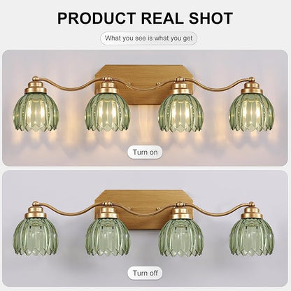 Gold Vanity Light, Vintage Tulip Green Glass Shade, Antique Brass Finish | 4 Light Brushed Gold Bathroom Light Fixtures, Crystal Wall Sconce, Mounted Over Mirror for Bedroom Hallway, Easy to Install