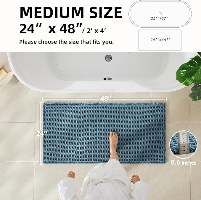 TYUU Waffle Bath Mat, Boho Bathroom Rugs Non Slip, 48x24 Denim Blue | Super Absorbent Quick Dry Bath Rug, Non-Slip Backing, Soft Waffle Washable Farmhouse Bathroom Mats, Tub, Shower & Home Decor
