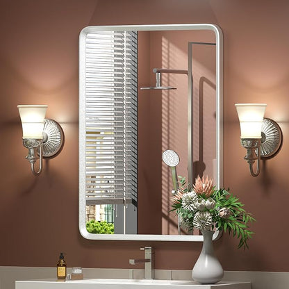 20x30 Inch Silver Framed Mirror for Wall | Silver Bathroom Vanity Mirror, Silverish Painted, Rounded Rectangle Mirror, Shatterproof, Anti-Rust (Horizontal/Vertical)