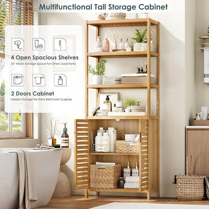 66" Tall Bathroom Storage Cabinet, Natural Bamboo Cabinet, for Narrow | Bathroom Floor Cabinet with 2 Doors & 4-Tier Open Shelves, Corner Freestanding Organizer Unit for Bath, Living Room, Entryway