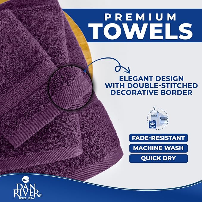 DAN RIVER 8 Piece Luxury Bath Towels for Bathroom, Towel Set, Purple | 2 Bath towels, 2 Hand towels, and 4 Wash Cloths, 600 GSM 100% Ring Spun Cotton, Highly Absorbent, Gym, Hotel, guest, and Spa