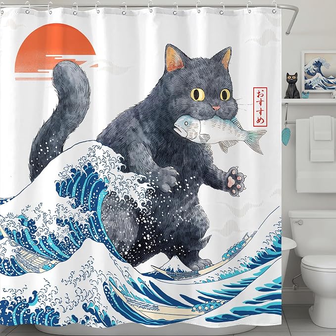 Accnicc Funny Black Cat Shower Curtain for Bathroom 72 X 72 Inch | Fun Cool Cat Monster Shower Curtains, Japanese Ocean Wave Kids Bath Curtain Decor, Water-Resistant Washable Polyester Fabric