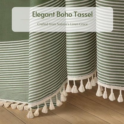 Sage Green Boho Linen Striped Shower Curtain with Tassel 72"W X 75"L | Boho Farmhouse Shower Curtains with Linen Texture for Bathroom Decor