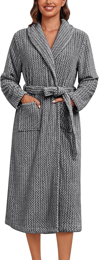 Ekouaer Women's Robe Long Plush Soft Bathrobe Cozy Warm Robes Shawl Collar Sleepwear with Pockets
