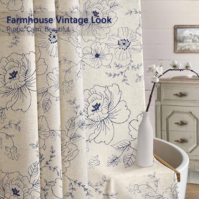 Farmhouse Floral Linen Shower Curtain, Vintage Navy Blue Embroidered Pattern Rustic Shower Curtains for Bathroom, 72x72