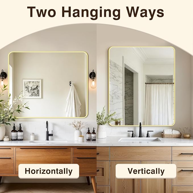 Vanity Bathroom Mirror, 36”x30” Gold Bathroom Mirror for Over Sink | HD Tempered Glass, Anti-Rust Frame, Vertical or Horizontal, Wall Mirrors for Bathroom Sink, Living Room, Entryway, Bedroom