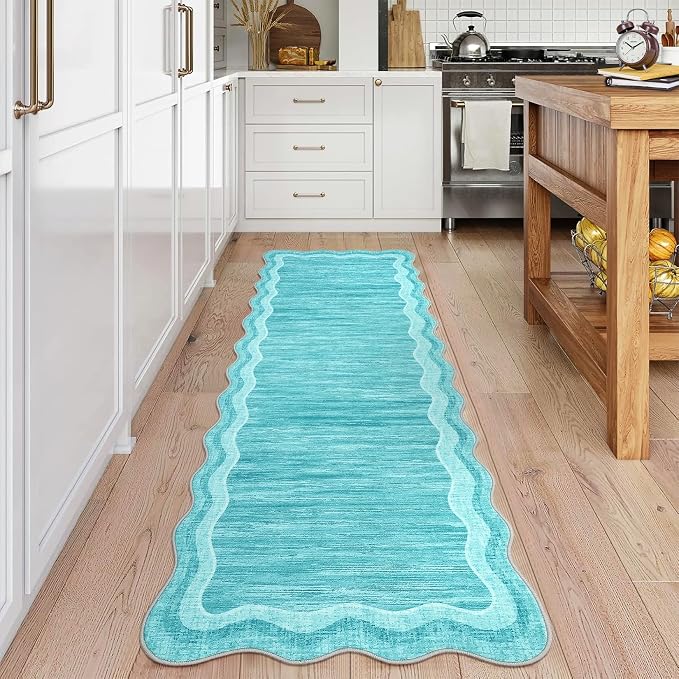 Garvee Washable Runner Rug 2x6 Modern Solid Scalloped Kitchen Runner Teal | Modern Long Runner Rug for Entryway Bedroom, Non Slip Low Pile Solid Runner Rugs for Entryway, Nursery Rugs Runner