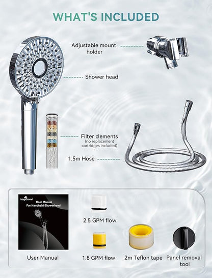 Magichome Filtered Shower Head with Handheld, 10-Mode Adjustable Detachable Chrome Showerhead w/Stainless Hose, Water Softener Filter Beads for Hard Water - Remove Chlorine, Reduce Dry Itchy Skin