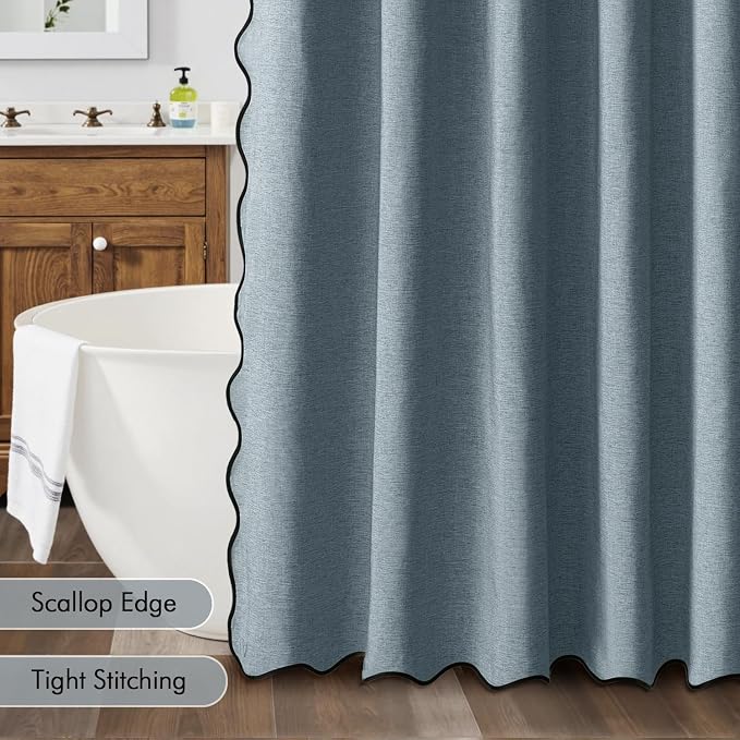 MIULEE 72"x84" Extra Long Scalloped Linen Shower Curtain Dusty Blue | Linen Textured, Waterproof, Washable, 12 Metal Hooks, Heavy Duty Cloth, Black Border, Shower Curtain for Bathroom Bathtub