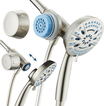 AquaCare Magneton 8-Mode High Pressure Handheld Shower Head w/Water Filter | Filters Chlorine & Toxins for Healthy Hair & Skin. Spaca-age Magnetic Docking, Hygienic Jets, Long 6 ft. Metal Hose / Nickel