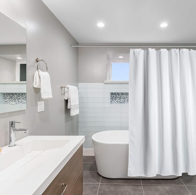Creative Scents Fabric White Shower Curtain for Bathroom - 60" x 72" Spa, Hotel Luxury Matt Waffle Weave Square Design, Water Repellent, 230 GSM Weighty Cloth, for Decorative Bathroom Curtains