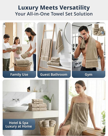 LANE LINEN Bathroom Towel Set 6 Piece Soft Absorbent Quick Dry - Taupe | Cotton Towel Set - Coordinated Colors, Dobby Border Accent, OEKO-TEX Certified, Zero-Twist Durability, Zero-Twist Cotton