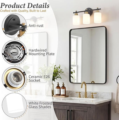 3 Light Black and Gold Bathroom Vanity Light Fixture over Mirror, 17.5'' | Vanity Lights for Bathroom, Bedroom, Living Room, White Frosted Glass Shades, Modern, E26(Bulbs Not Included)