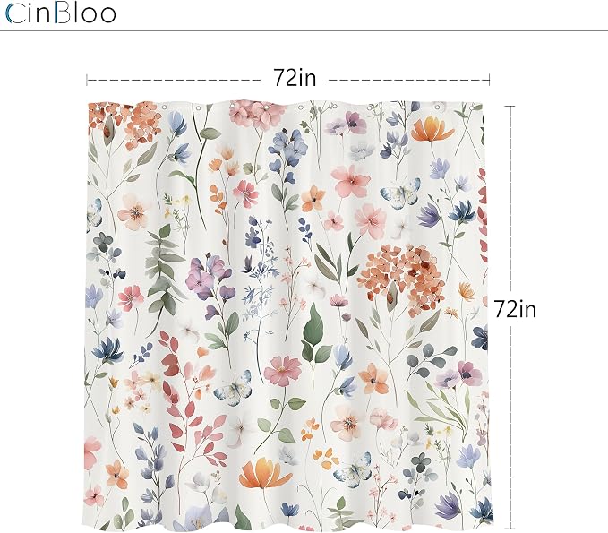 Boho Flower Colorful Wildflower Floral Women Bathroom Shower Curtain Set | 72"W x 72"H Girls Girly; waterproof HD print, quick-dry fabric and plastic hooks for easy setup.