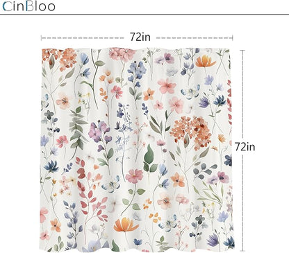 Boho Flower Colorful Wildflower Floral Women Bathroom Shower Curtain Set | 72"W x 72"H Girls Girly; waterproof HD print, quick-dry fabric and plastic hooks for easy setup.