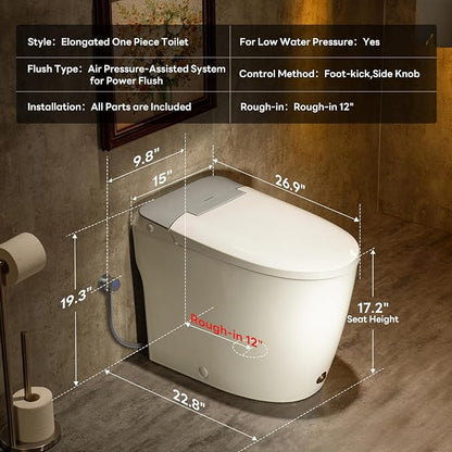 One Piece Toilet with 17.2" ADA Comfort Chair Height Seat,Silver | Compact Modern Toilet for Bathroom,Elongated Bowl,1.0GPF Button & Foot Kick Flush, Air Pressure Assisted Flush, 12'' Rough-in