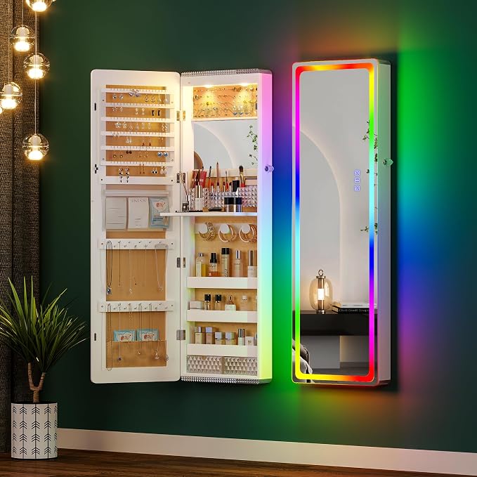 HNEBC Over the Door Jewelry Organizer with LED RGB Lights, 47.2" Full Length Mirror with Storage, Wall Mounted Jewelry Armoire, Hanging Mirror with 2 Drawers,Lokable,3 Shelves-White