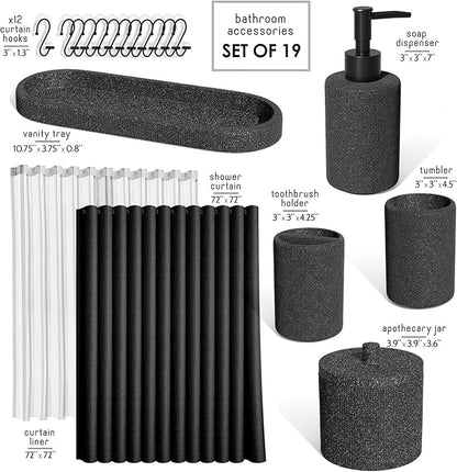Clara Clark Bathroom Set - Coal Black Bathroom Accessories Set, 19PC Bathroom Accessory Set, Bathroom Sets with Shower Curtain Set, Soap Dispenser & Toothbrush Holder